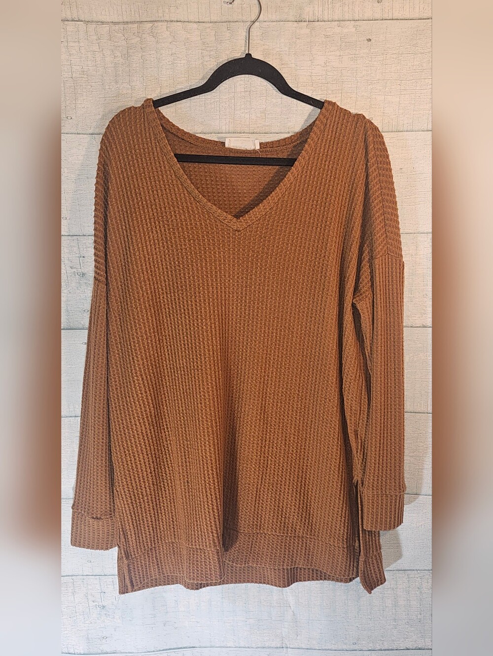 Zenana Outfitters Waffle V-Neck Sweater Tunic in Camel Brown